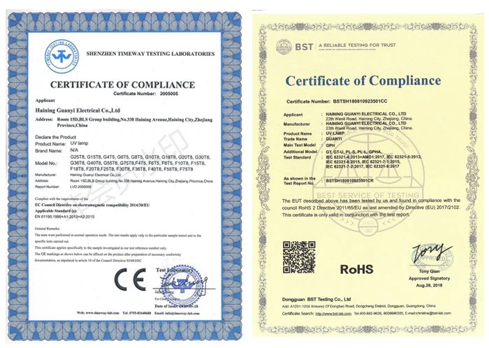 certification of GPH287T5L 14W UVC lamp certification of GPH287T5L 14W UVC lamp